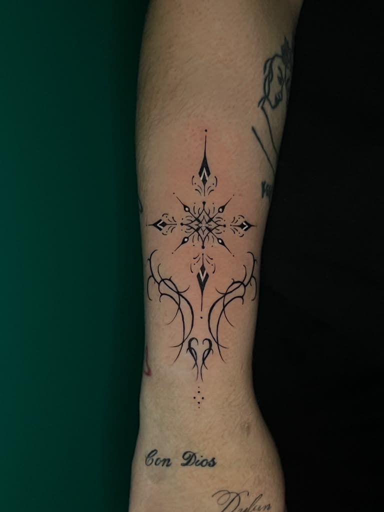Fine line ornamental mandala forearm tattoo with "Con Dios" script by Alison at Inked City Tattoos in Trenton, NJ