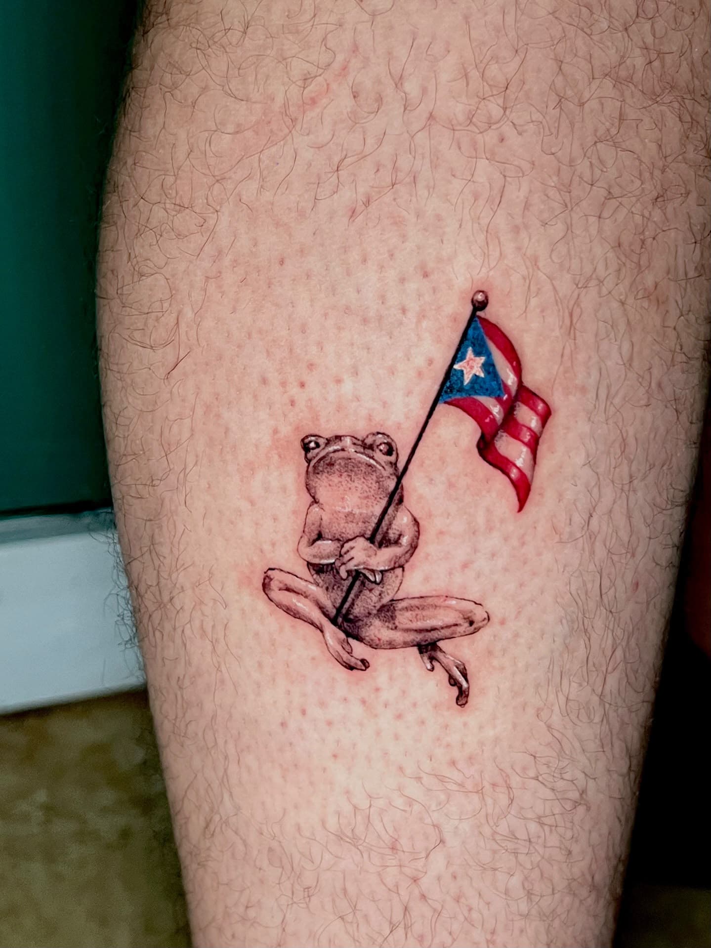 Coquí frog holding a Puerto Rican flag, color micro tattoo on leg by Alison at Inked City Tattoos in Trenton, NJ